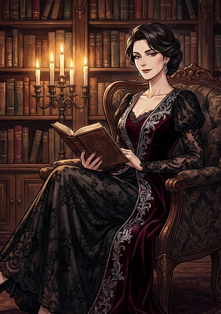 Adult gothic anime character reading, illustrating the creator guide library