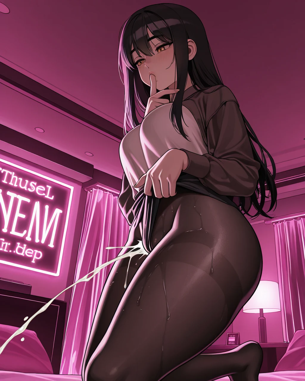 Anime woman in brown hoodie and black pants in pink room with neon sign