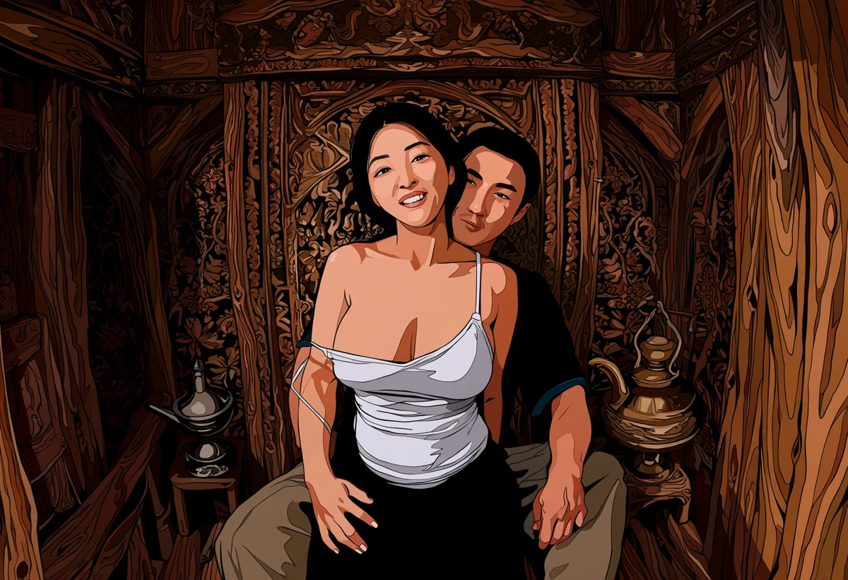 an Indonesian adult woman age 32 with a loosened batik kain slipping from her shoulder, her adult partner behind her, carved wooden interior, oil lamp, explicit adult illustration