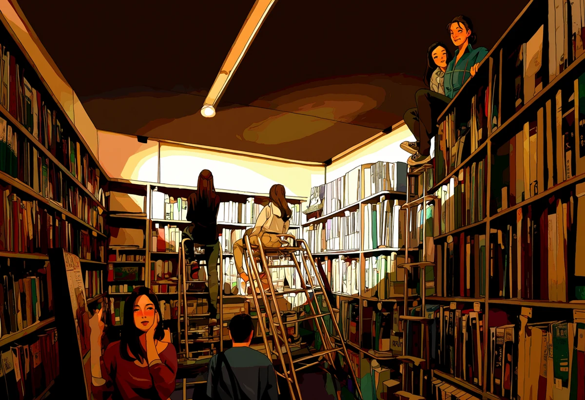 an adult couple age 37 and 35 in a closing Seoul bookstore, one on a rolling ladder holding the other's gaze, dust in warm lamplight, korean manhwa art style