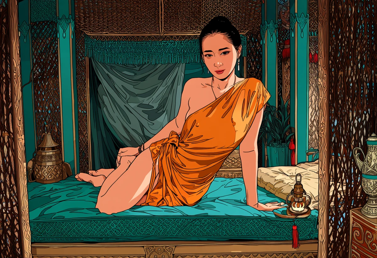 a Thai adult woman age 35 in loosened Thai silk on a carved teak bed with her adult partner's hand at her waist, mosquito net, oil lamp, explicit adult illustration