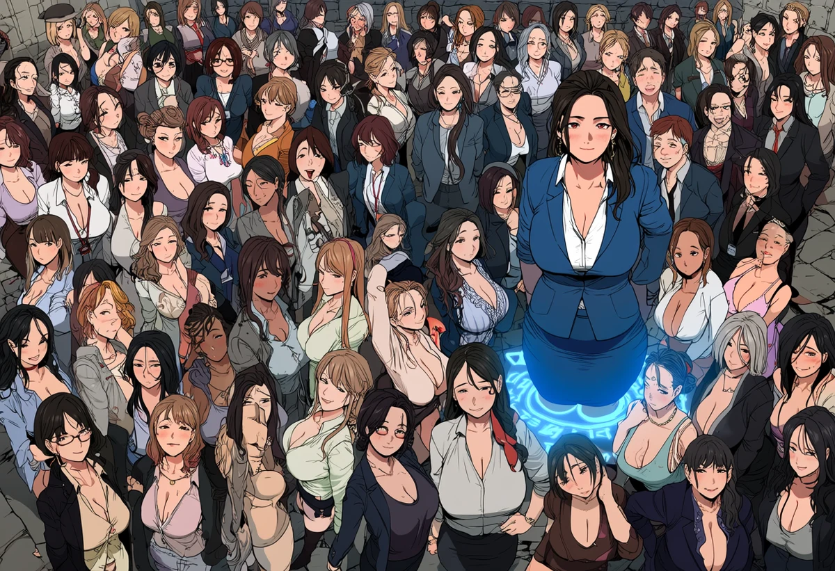 an adult office worker woman age 33 newly summoned into a fantasy world, still in a soaked business suit inside a stone summoning circle, glowing runes, adult isekai manhwa art style